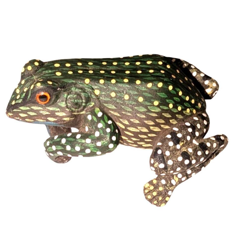 VTG Hand Painted Resin Frog Green Yellow White Orange Spotted 3 inches
